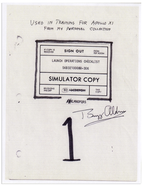 Apollo 11 Launch Checklist Used by the Astronauts During Flight Simulation Training for the Apollo 11 Mission, Signed by Buzz Aldrin -- With Additional Letter of Provenance Also Signed by Aldrin